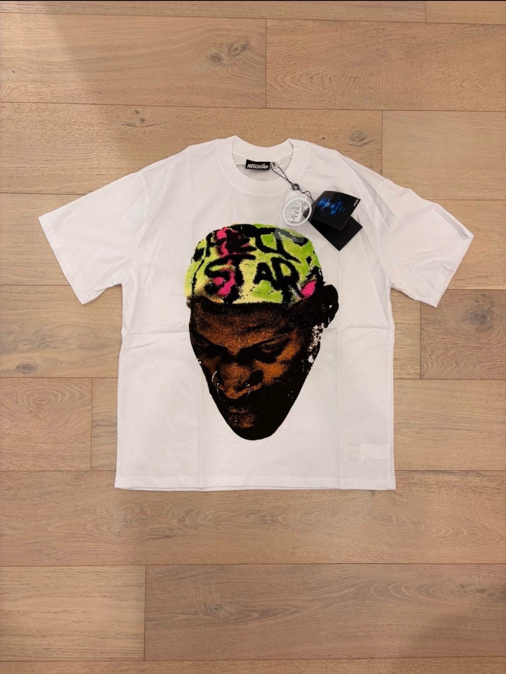 White Graphic Hellstar Tee with Neon Bandana Print